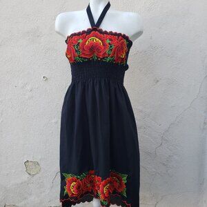 Mexican style flower embroidery hi low halter dress with smocking